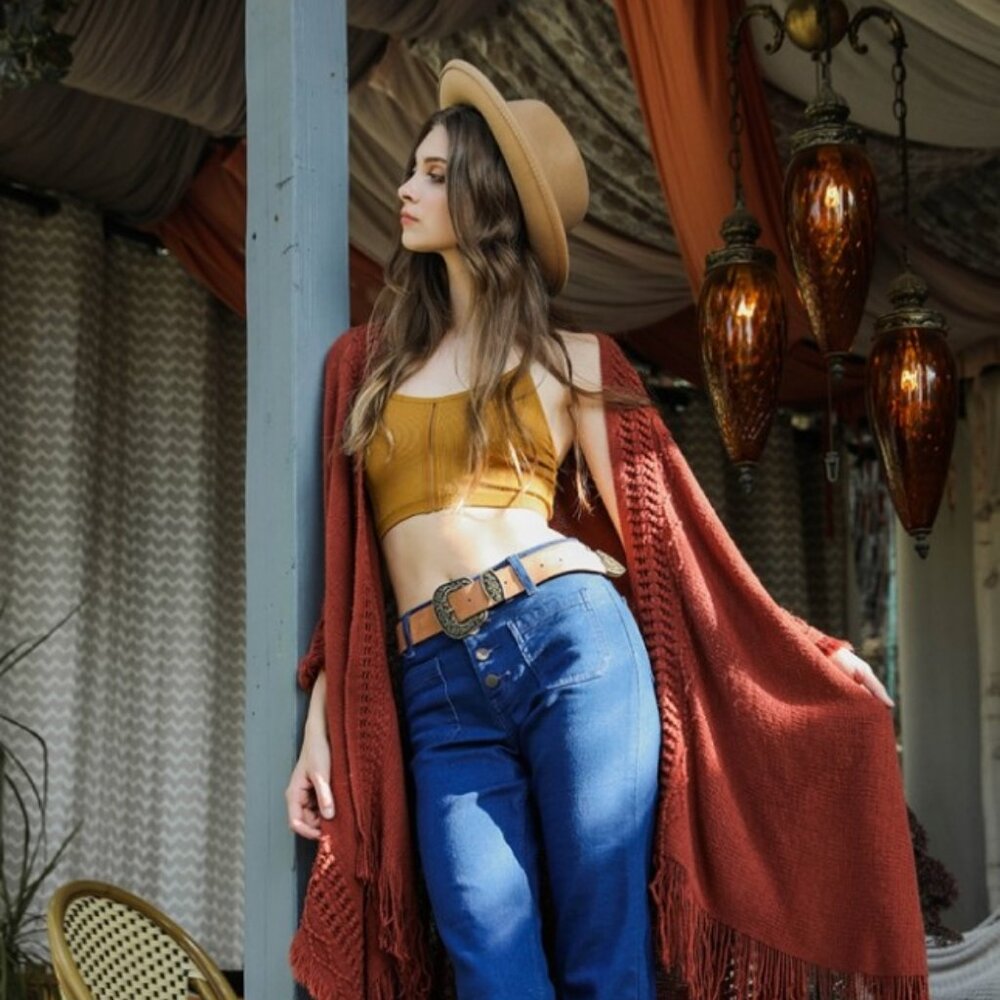 Fringed Wrap Shawl Cardigan - Rust